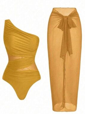Mustard One-Shoulder Cutout One-Piece Swimsuit with Sarong